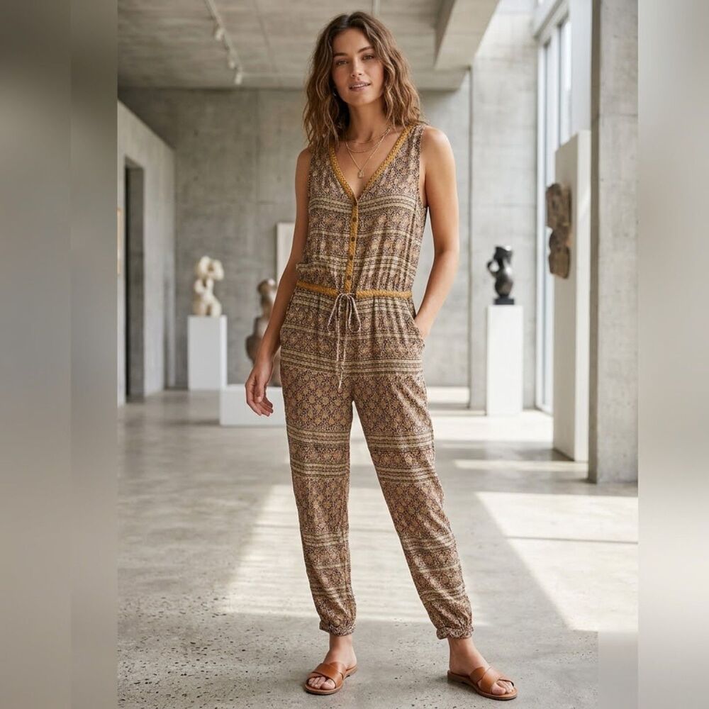 Lilka Anthropologie Jumpsuit L Boho Paisley Block Print Rayon Sleeveless Tie